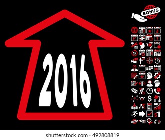 2016 Ahead Arrow pictograph with bonus calendar and time management pictograph collection. Vector illustration style is flat iconic bicolor symbols, red and white colors, black background.