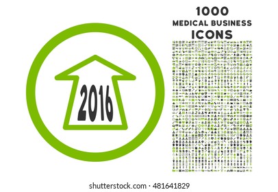 2016 Ahead Arrow rounded vector bicolor icon with 1000 medical business icons. Set style is flat pictograms, eco green and gray colors, white background.