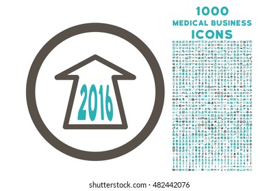 2016 Ahead Arrow rounded vector bicolor icon with 1000 medical business icons. Set style is flat pictograms, grey and cyan colors, white background.