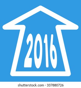 2016 Ahead Arrow vector icon. Style is flat symbol, white color, rounded angles, blue background.