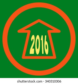 2016 Ahead Arrow vector icon. Style is bicolor flat circled symbol, orange and yellow colors, rounded angles, green background.