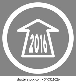 2016 Ahead Arrow vector icon. Style is flat circled symbol, white color, rounded angles, gray background.