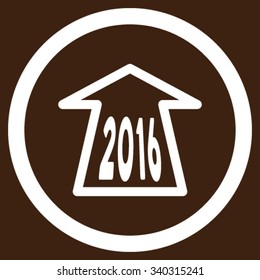 2016 Ahead Arrow vector icon. Style is flat circled symbol, white color, rounded angles, brown background.