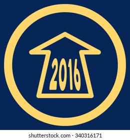 2016 Ahead Arrow vector icon. Style is flat circled symbol, yellow color, rounded angles, blue background.