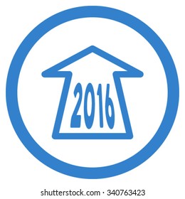 2016 Ahead Arrow vector icon. Style is flat circled symbol, cobalt color, rounded angles, white background.