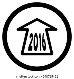 2016 Ahead Arrow vector icon. Style is flat circled symbol, black color, rounded angles, white background.