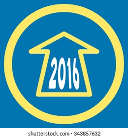 2016 Ahead Arrow vector icon. Style is bicolor flat circled symbol, yellow and white colors, rounded angles, blue background.