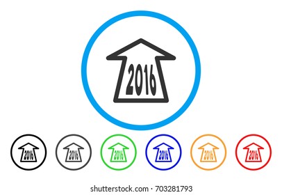 2016 Ahead Arrow vector rounded icon. Image style is a flat gray icon symbol inside a blue circle. Additional color variants are gray, black, blue, green, red, orange.