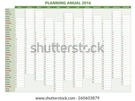 2016 Annual planner. Spanish calendar for year 2016. Week starts on Monday