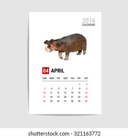 2016 April calendar, Hippopotamus polygon vector