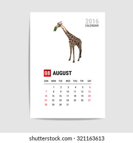 2016 August calendar, giraffe polygon vector