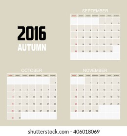 2016 AUTUMN Calendar Planner Design.