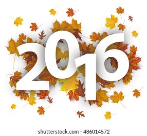 2016 with autumn foliage on the white background. Eps 10 vector file.