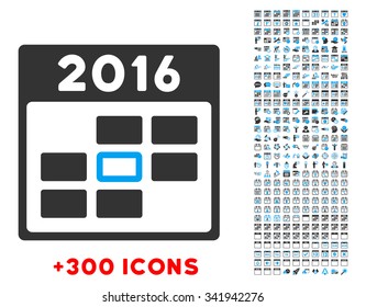 2016 Binder Day vector pictogram with additional 300 date and time management icons. Style is bicolor flat symbols, blue and gray colors, rounded angles, white background.