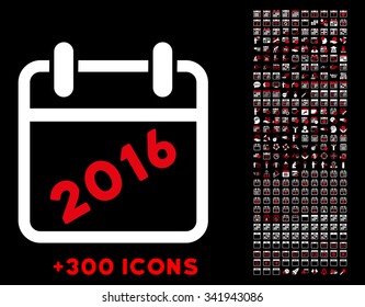 2016 Binder vector pictogram with additional 300 date and time management icons. Style is bicolor flat symbols, red and white colors, rounded angles, black background.