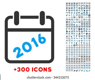 2016 Binder vector pictogram with additional 300 date and time management icons. Style is bicolor flat symbols, blue and gray colors, rounded angles, white background.