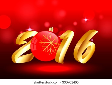 2016 to a brilliant red background with Christmas ball