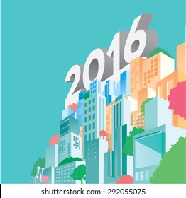 2016 buildings and city skyline, perspective view, pastel color graphic style.