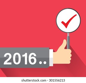 2016 business concept with thumbs up, hand and approval sign in flat design
