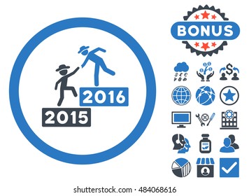 2016 Business Steps icon with bonus pictogram. Vector illustration style is flat iconic bicolor symbols, smooth blue colors, white background.