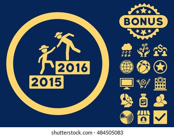 2016 Business Steps icon with bonus pictures. Vector illustration style is flat iconic symbols, yellow color, blue background.