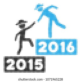 2016 Business Training halftone vector icon. Illustration style is dotted iconic 2016 Business Training icon symbol on a white background. Halftone pattern is circle items.