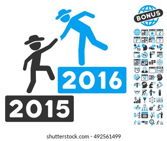 2016 Business Training icon with bonus calendar and time management design elements. Vector illustration style is flat iconic bicolor symbols, blue and gray colors, white background.