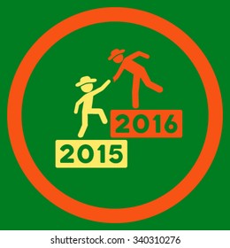 2016 Business Training vector icon. Style is bicolor flat circled symbol, orange and yellow colors, rounded angles, green background.