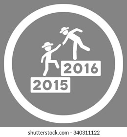 2016 Business Training vector icon. Style is flat circled symbol, white color, rounded angles, gray background.