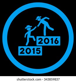 2016 Business Training vector icon. Style is flat circled symbol, blue color, rounded angles, black background.