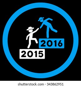 2016 Business Training vector icon. Style is bicolor flat circled symbol, blue and white colors, rounded angles, black background.