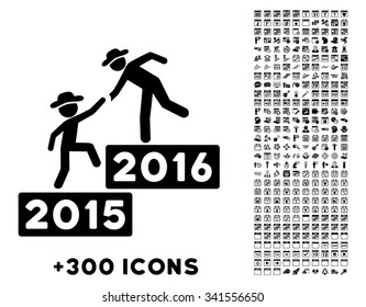 2016 Business Training vector pictogram with additional 300 date and time management icons. Style is flat symbols, black color, rounded angles, white background.