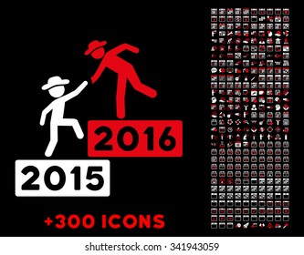 2016 Business Training vector pictogram with additional 300 date and time management icons. Style is bicolor flat symbols, red and white colors, rounded angles, black background.