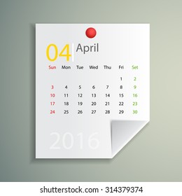 2016 Calendar : April 2016
