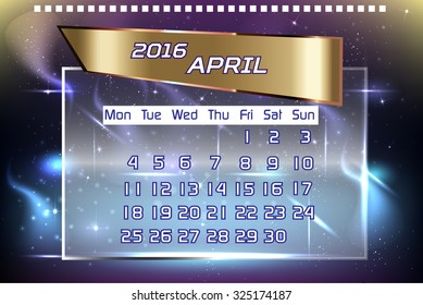 2016 calendar for april with colorful glowing background. Vector illustration.
