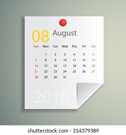2016 Calendar : August 2016