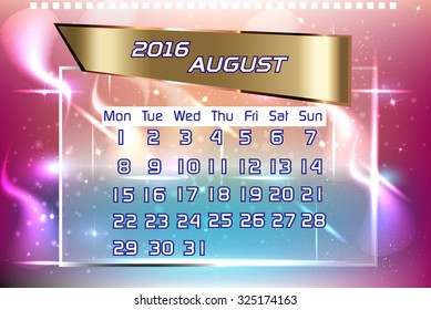 2016 calendar for august with colorful glowing background. Vector illustration.