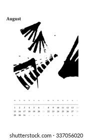 2016 Calendar August. Ready to print A3 format. The sounds of the year. Hand drawn grayscale spot illustrations. Full vector EPS 10.