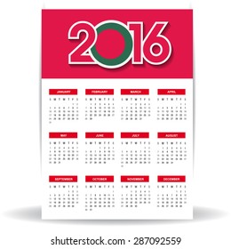 2016 Calendar - Bangladesh Country Flag Banner - Happy new Year calendar template - Week starts with Sunday - Vector illustration