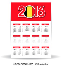 2016 Calendar - Belgium Country Flag Banner - Happy new Year calendar template - Week starts with Sunday - Vector illustration