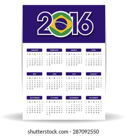 2016 Calendar - Brazil Country Flag Banner - Happy new Year calendar template - Week starts with Sunday - Vector illustration