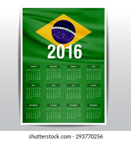 2016 Calendar - Brazil Country Flag Banner - Happy new Year calendar template - Week starts with Sunday - Vector illustration