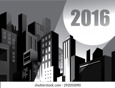 2016 calendar - buildings and blackout city, spotlight signal, comic graphic style.