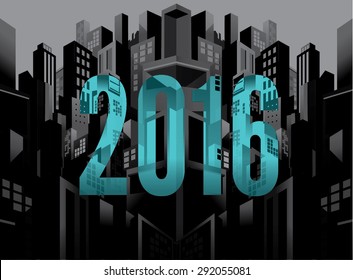 2016 calendar - buildings and city skyline, mirror perspective view, comic graphic style.