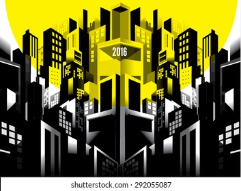 2016 calendar - buildings and city skyline, mirror perspective view, comic graphic style.