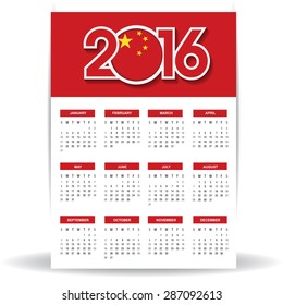 2016 Calendar - China Country Flag Banner - Happy new Year calendar template - Week starts with Sunday - Vector illustration