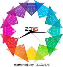 2016 calendar with clock illustration, inspirational design.