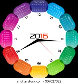 2016 calendar with clock illustration, inspirational design.