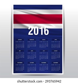 2016 Calendar - Costa Rica Country Flag Banner - Happy new Year calendar template - Week starts with Sunday - Vector illustration