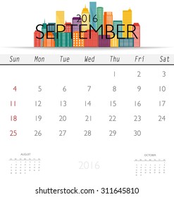 2016 calendar with Creative building design template, monthly calendar for September. Vector illustration.